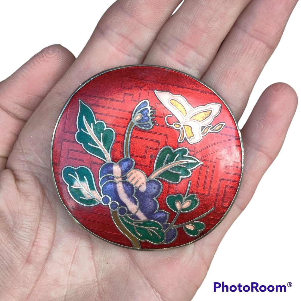 Vintage Red Enamel Floral Cloisonné Compact with Butterfly Accent